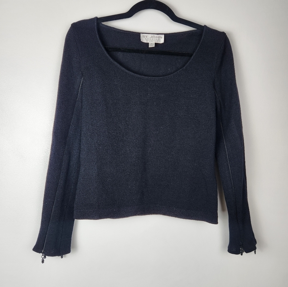St. John Evening Black Size 4 Santana Knit Top Zipper Sleeves Crystal